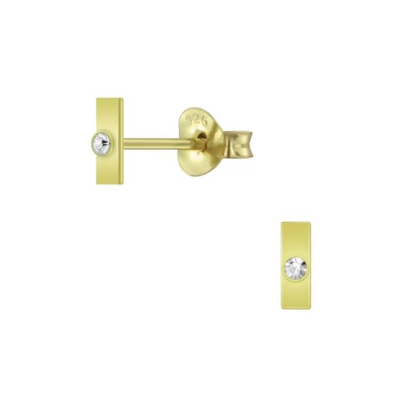 925 Gold Plated Sterling Silver Bar Stud Earrings with Single Stone Jewelry - Picture 1 of 8